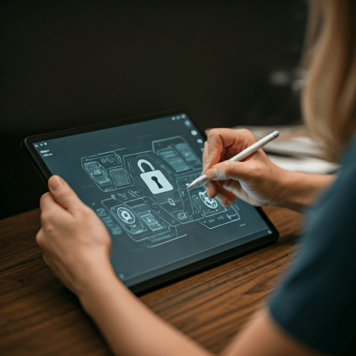 Person using a stylus on a tablet displaying a cybersecurity interface with a prominent lock icon, representing information and cyber security for creative agencies.