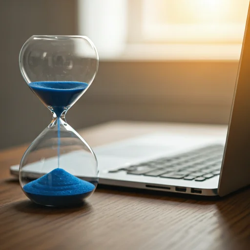 Hourglass and laptop, symbolizing the perceived time and complexity of achieving Cyber Essentials