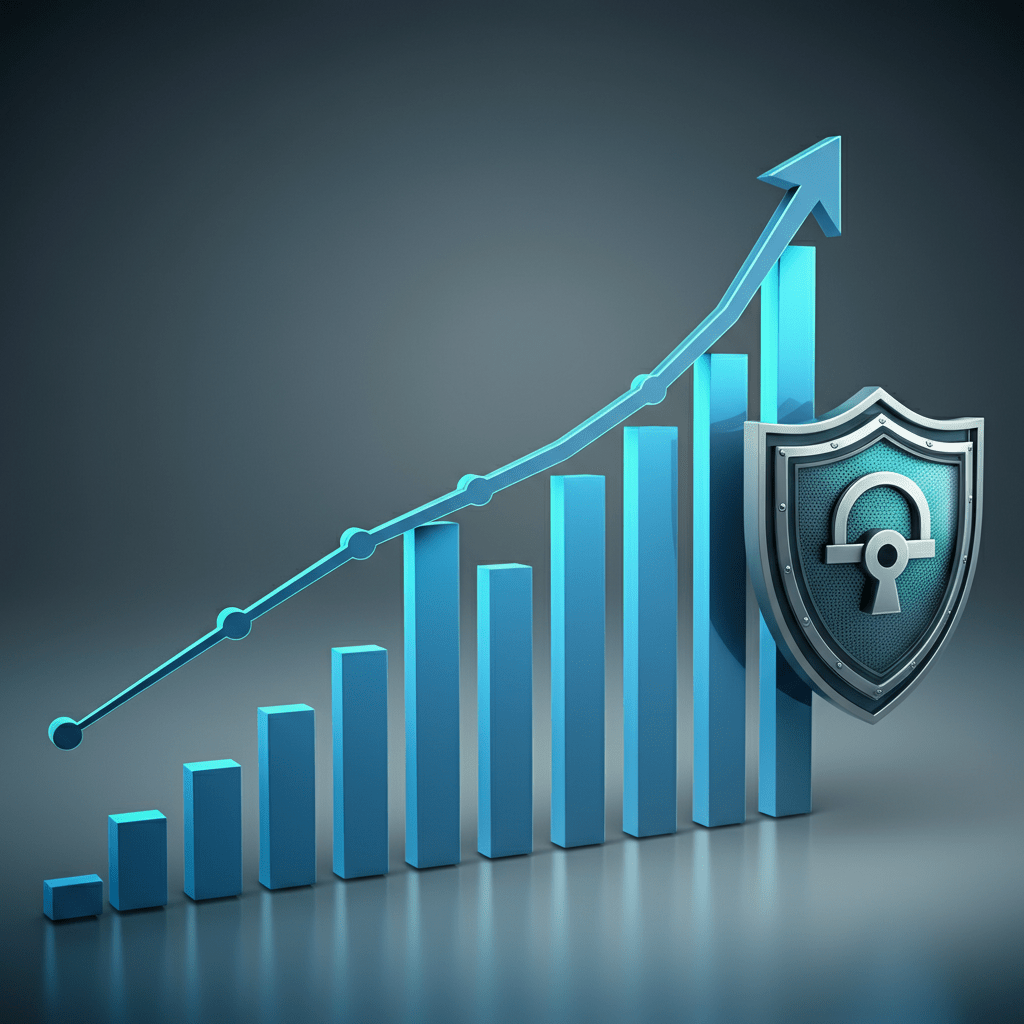 Upward trending profit graph with shield overlay, symbolizing cybersecurity and financial growth in Nottingham businesses.