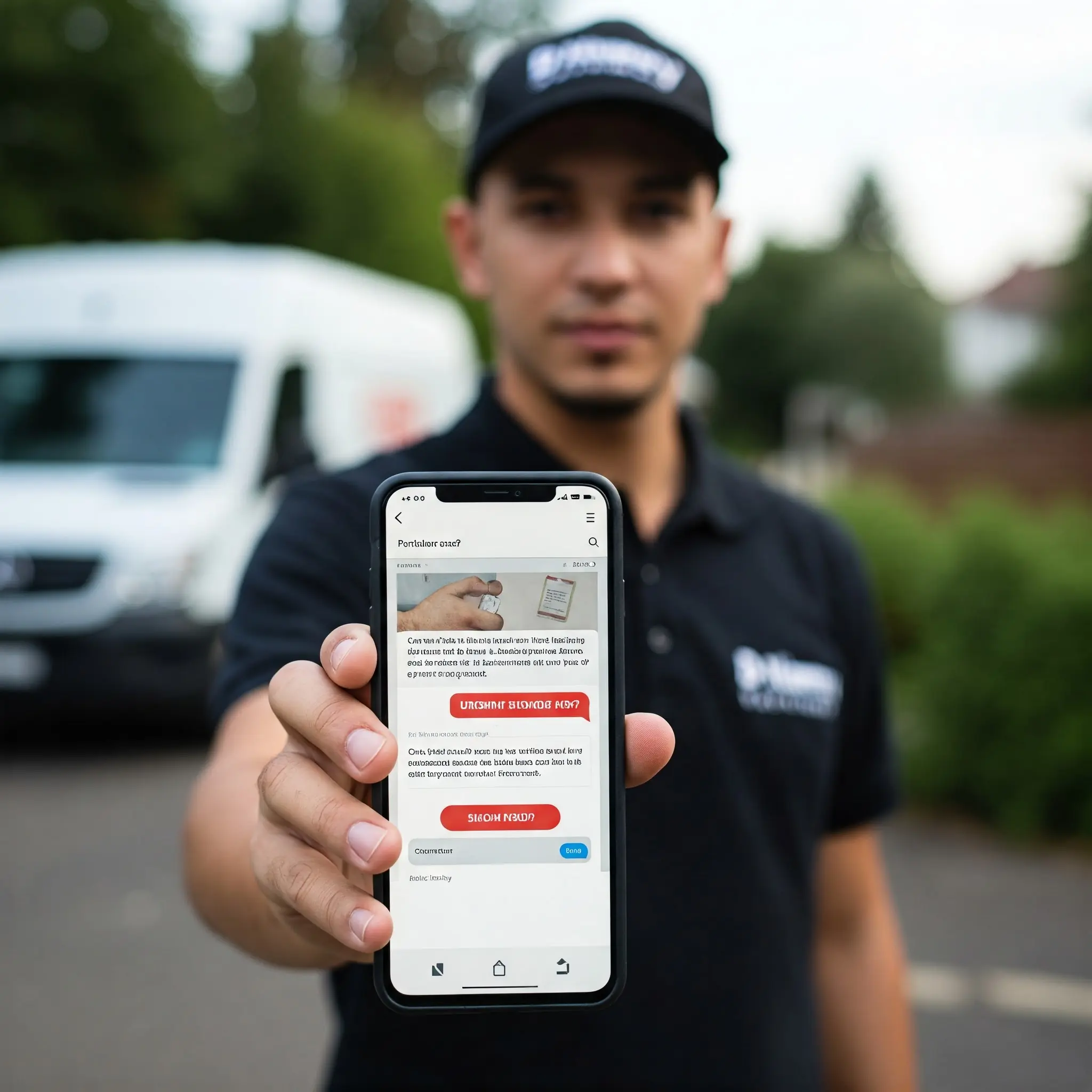 Delivery driver holding a smartphone displaying a suspicious message