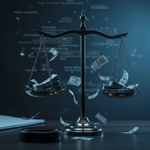 An image depicting the scales of justice with money flying off representing a fine for the company.