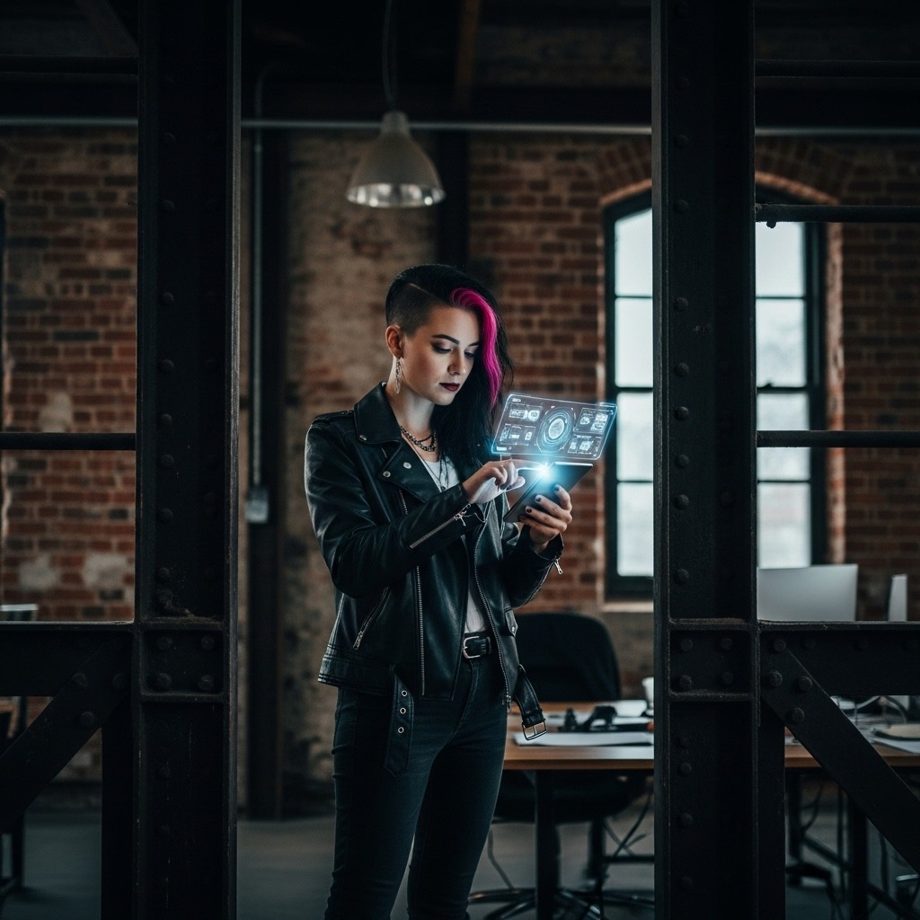 A modern office worker operating a device controlling smart technology within an office environment
