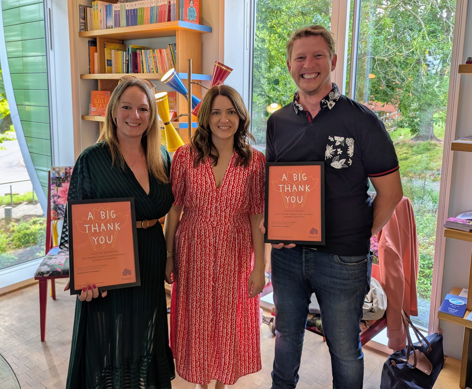 A photo of Collective Security Owners and Founders (Simon and Kate Plummer) alopng woith Elizabeth Sudbury from Maggies Nottingham